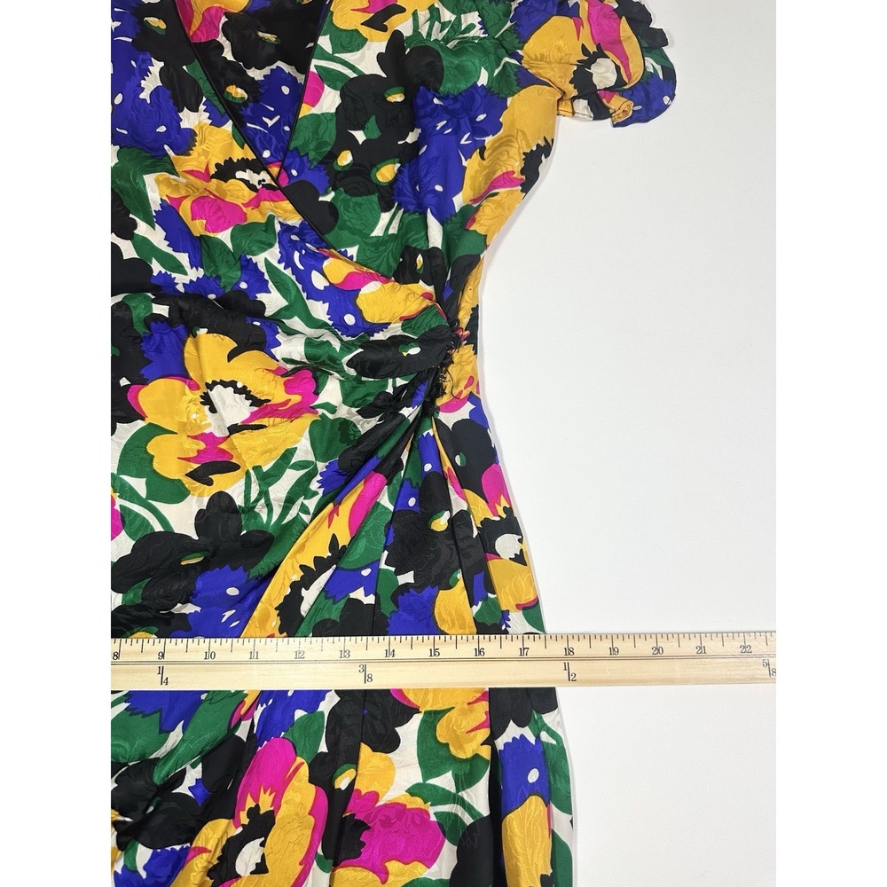 VTG *RARE* 1980's Flora Kung 100% Silk Colorful Floral Puff Sleeve Wrap Dress 6 - Picture 16 of 16